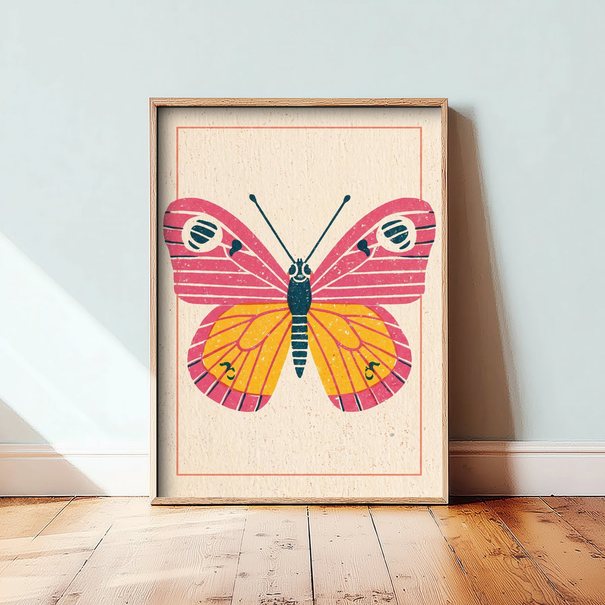 Butterfly Art Print - Pink and Yellow Linocut Style Illustration - Retro Insect Poster 2/3
