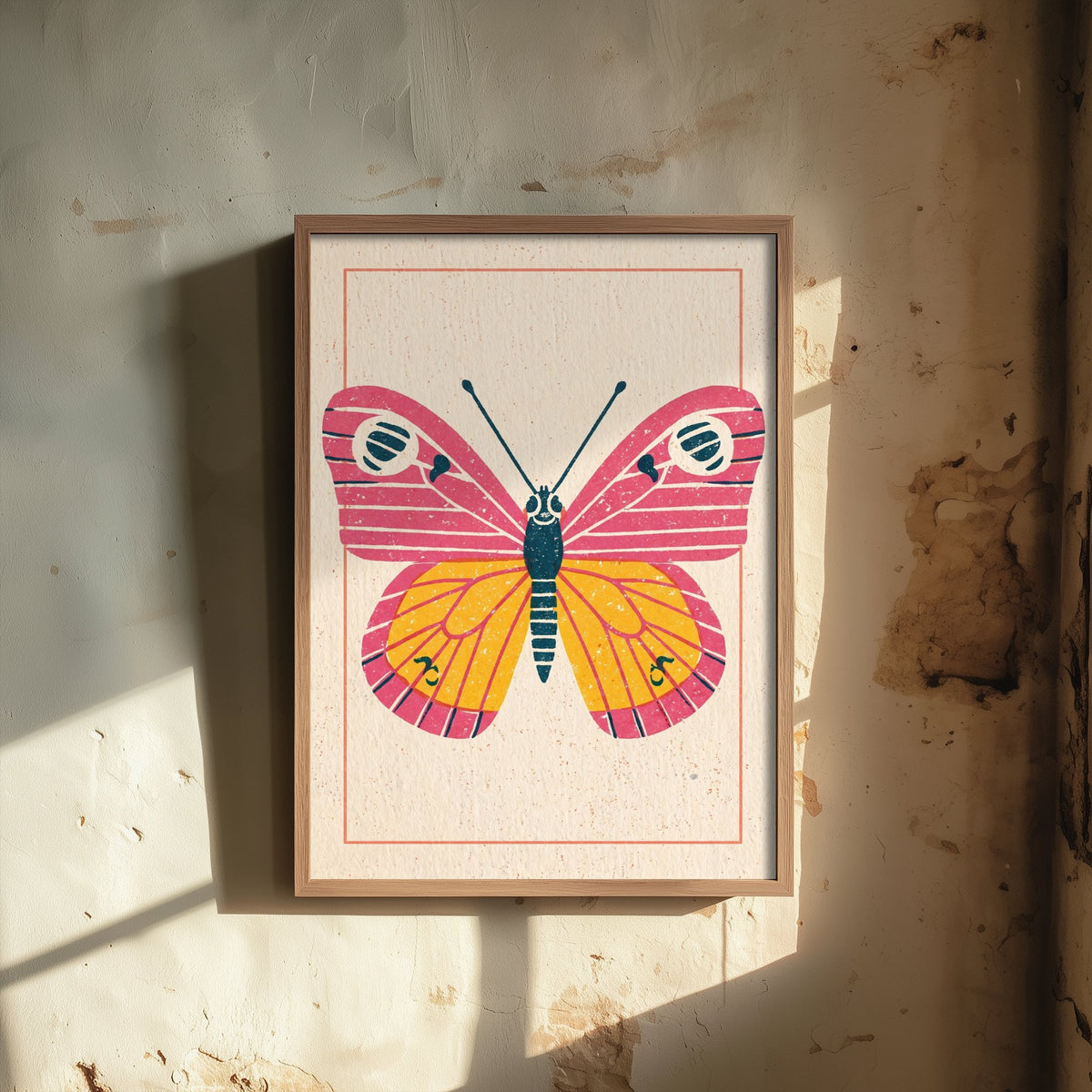Butterfly Art Print - Pink and Yellow Linocut Style Illustration - Retro Insect Poster 2/3