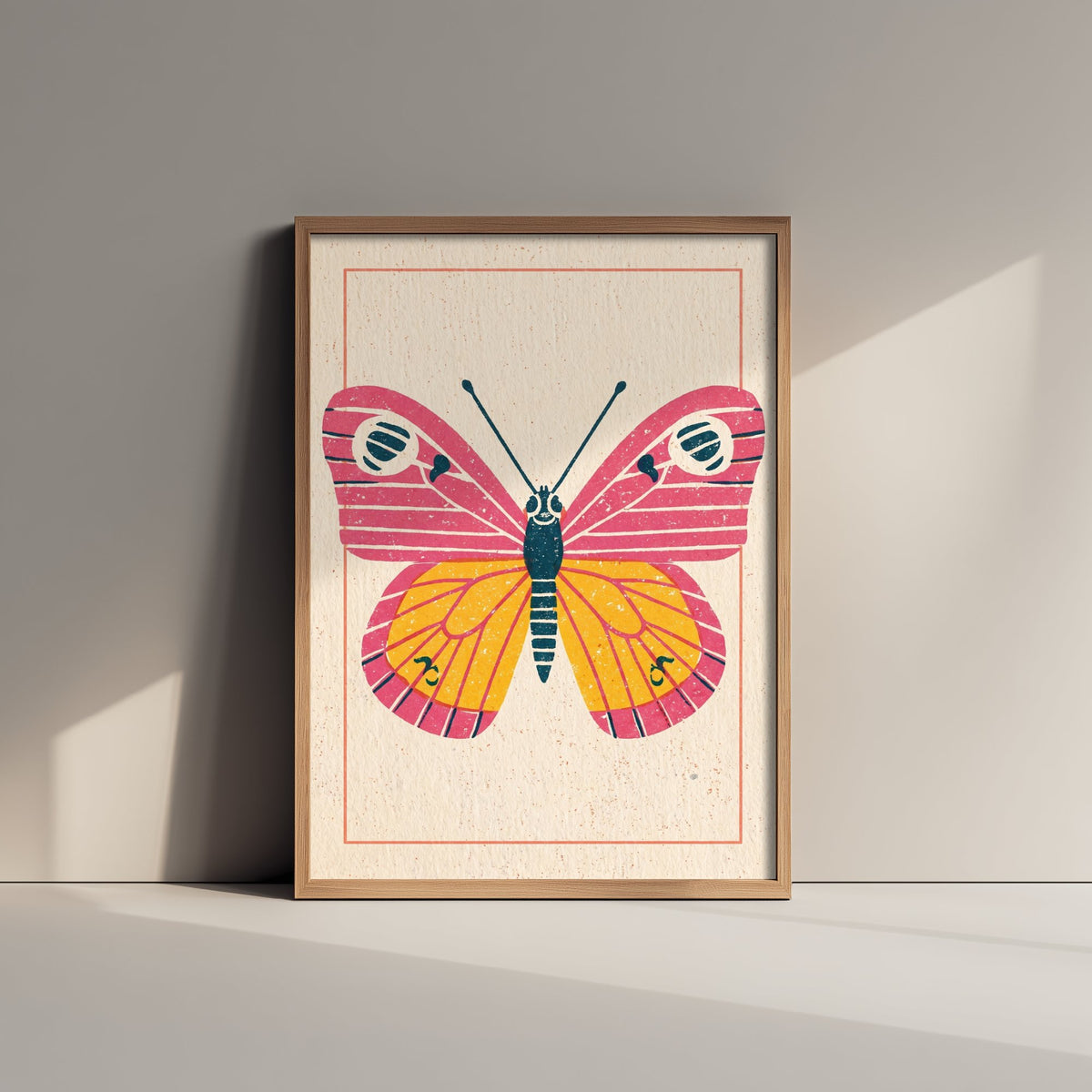 Butterfly Art Print - Pink and Yellow Linocut Style Illustration - Retro Insect Poster 2/3