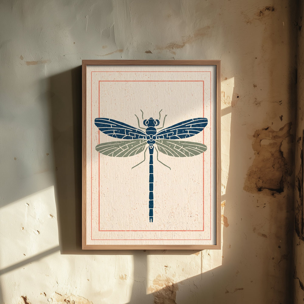 Dragonfly Art Print - Vintage Linocut Style Illustration - Navy and Sage Folk Insect Poster 3/3