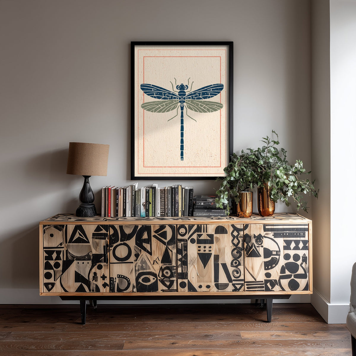 Dragonfly Art Print - Vintage Linocut Style Illustration - Navy and Sage Folk Insect Poster 3/3