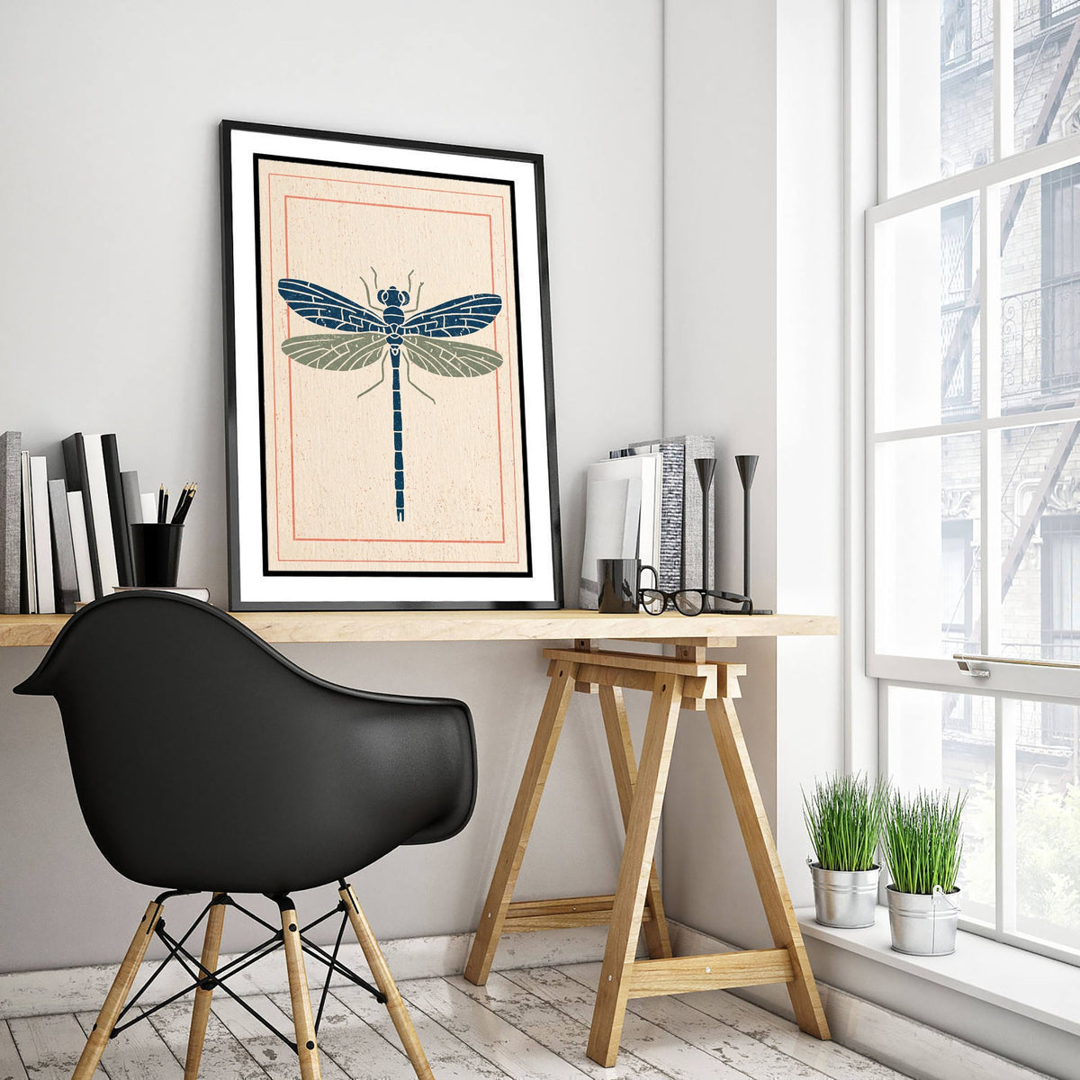 Dragonfly Art Print - Vintage Linocut Style Illustration - Navy and Sage Folk Insect Poster 3/3