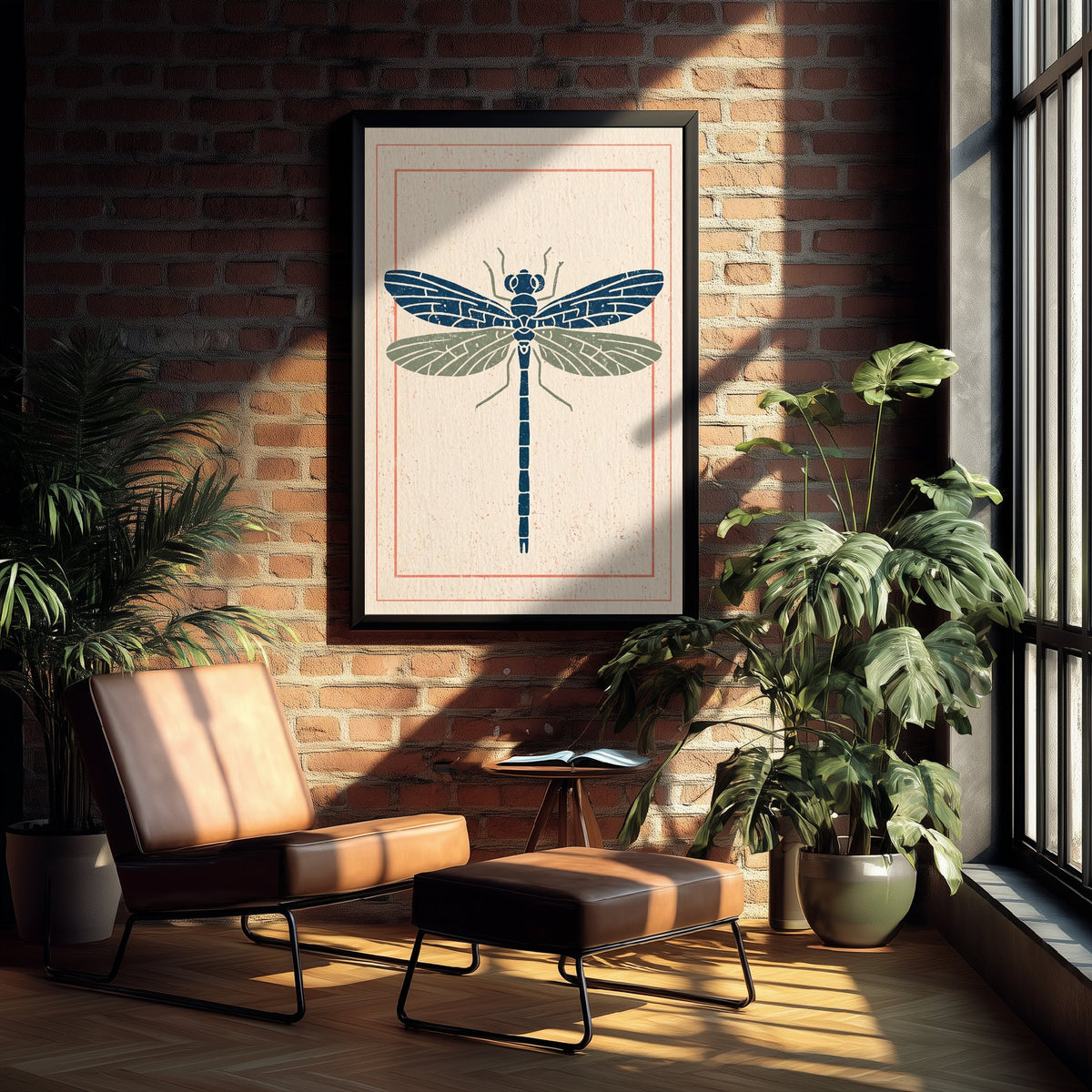 Dragonfly Art Print - Vintage Linocut Style Illustration - Navy and Sage Folk Insect Poster 3/3