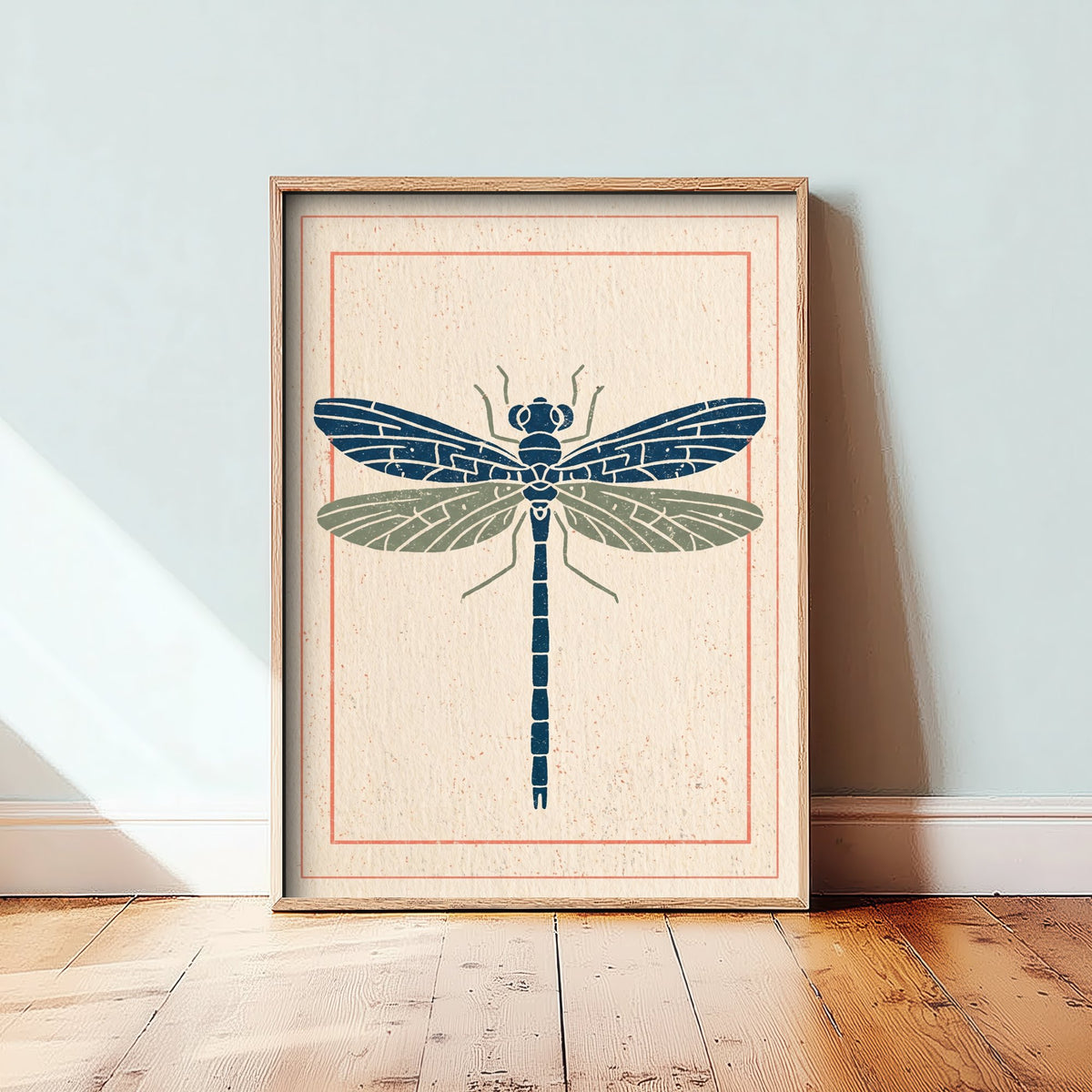 Dragonfly Art Print - Vintage Linocut Style Illustration - Navy and Sage Folk Insect Poster 3/3