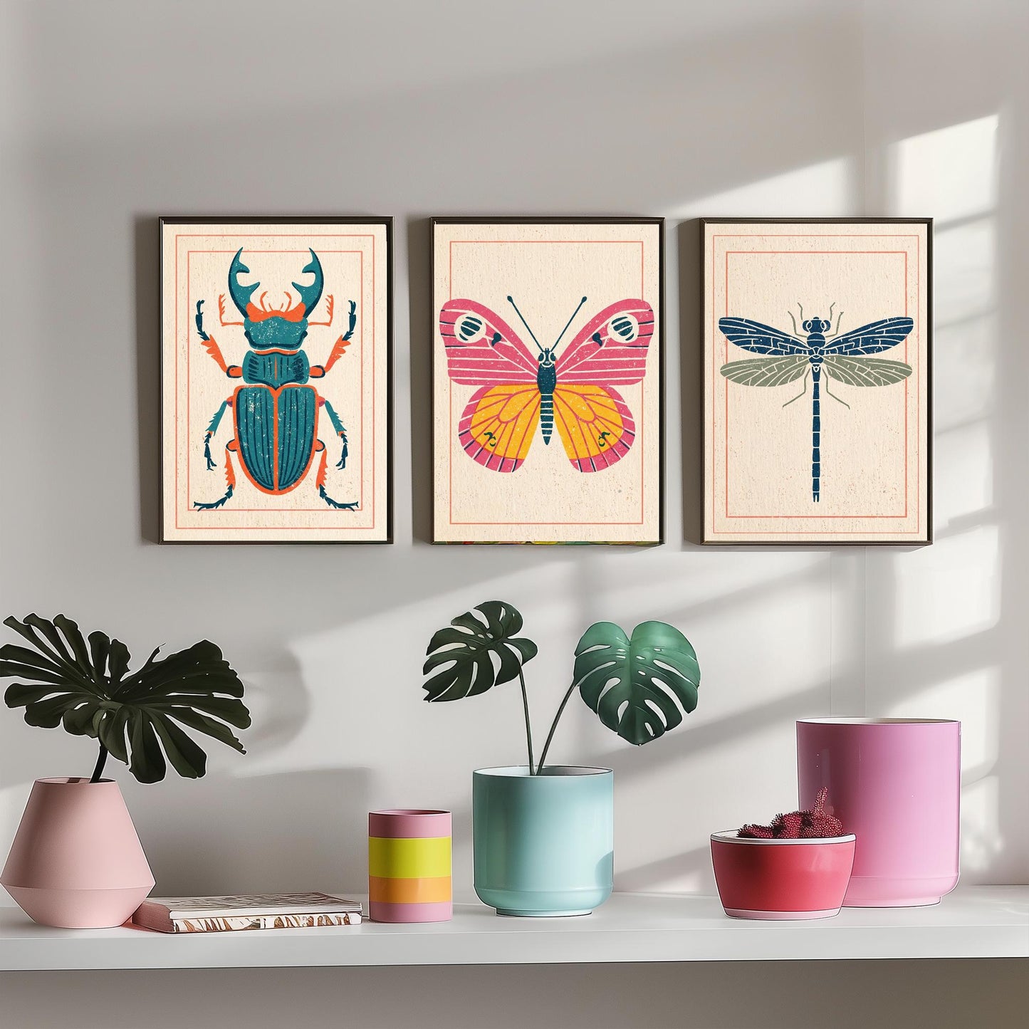 Stag Beetle Butterfly Dragonfly Set of Three Art Prints - 3 Colourful Linocut Style Posters - Retro Entomology Illustration