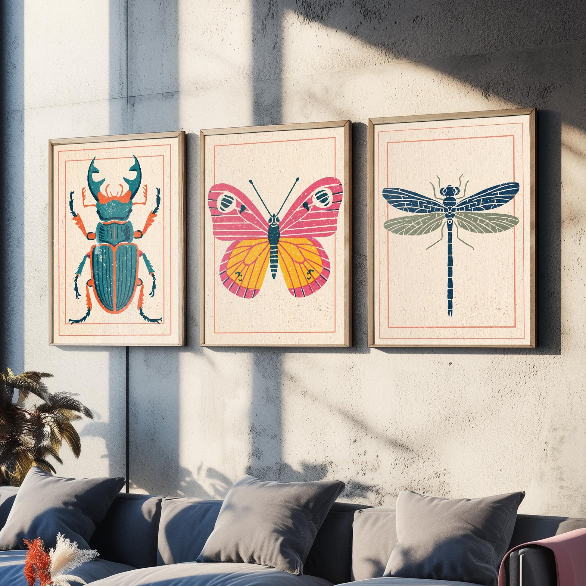 Stag Beetle Butterfly Dragonfly Set of Three Art Prints - 3 Colourful Linocut Style Posters - Retro Entomology Illustration