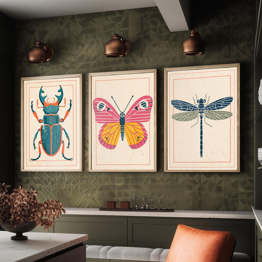 Stag Beetle Butterfly Dragonfly Set of Three Art Prints - 3 Colourful Linocut Style Posters - Retro Entomology Illustration