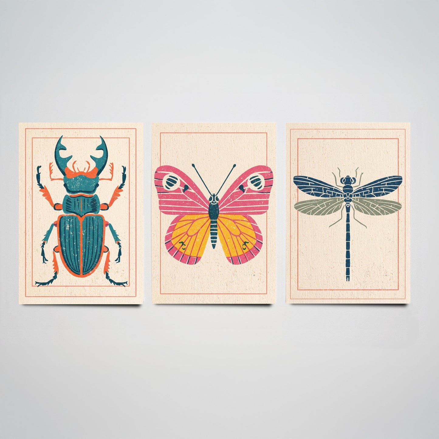 Stag Beetle Butterfly Dragonfly Set of Three Art Prints - 3 Colourful Linocut Style Posters - Retro Entomology Illustration