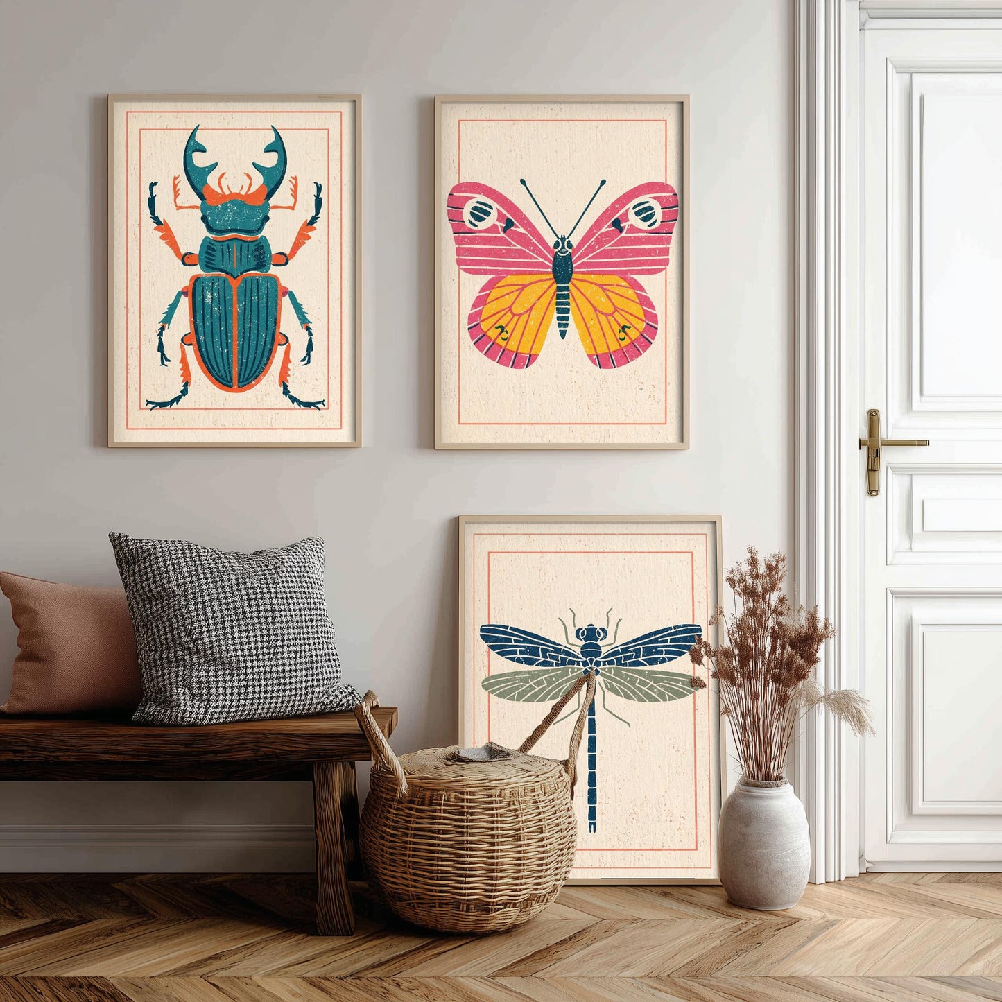 Stag Beetle Butterfly Dragonfly Set of Three Art Prints - 3 Colourful Linocut Style Posters - Retro Entomology Illustration