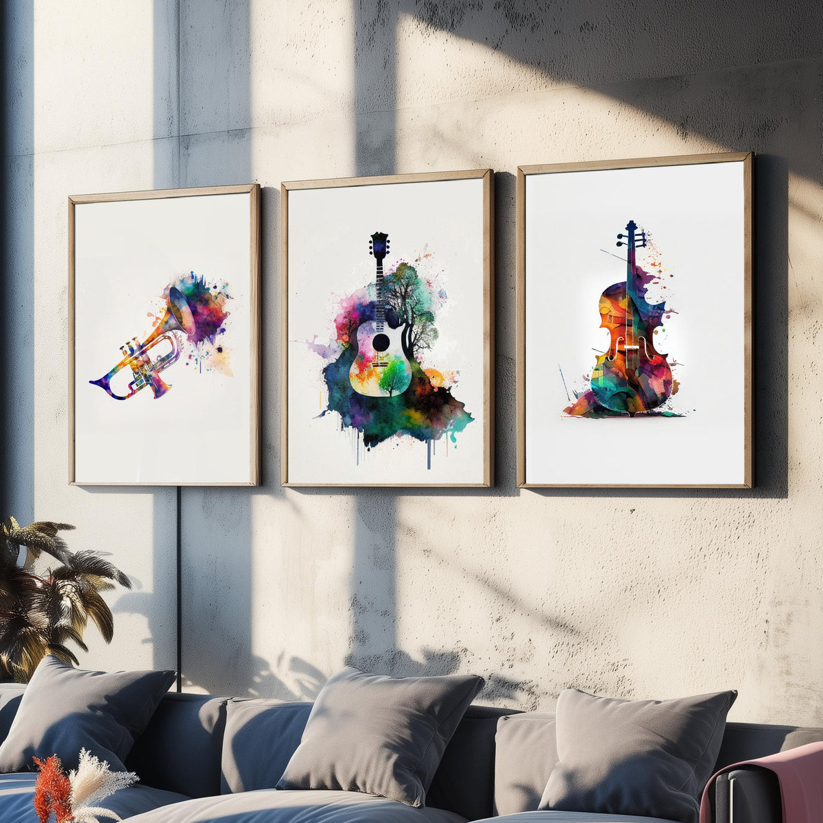 Musical Instruments Set of Three Art Prints - Trumpet, Guitar, Cello - Rainbow Watercolour Poster Painting