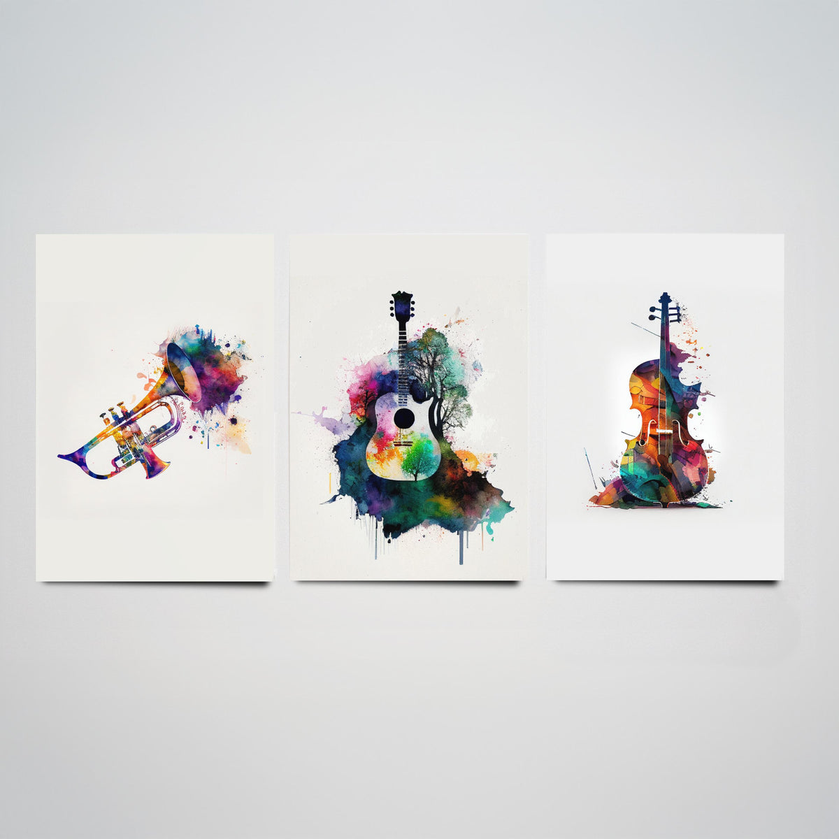Musical Instruments Set of Three Art Prints - Trumpet, Guitar, Cello - Rainbow Watercolour Poster Painting