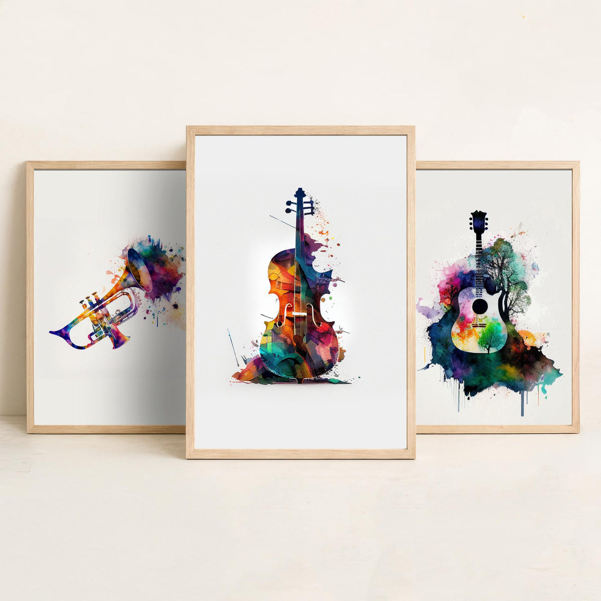 Musical Instruments Set of Three Art Prints - Trumpet, Guitar, Cello - Rainbow Watercolour Poster Painting