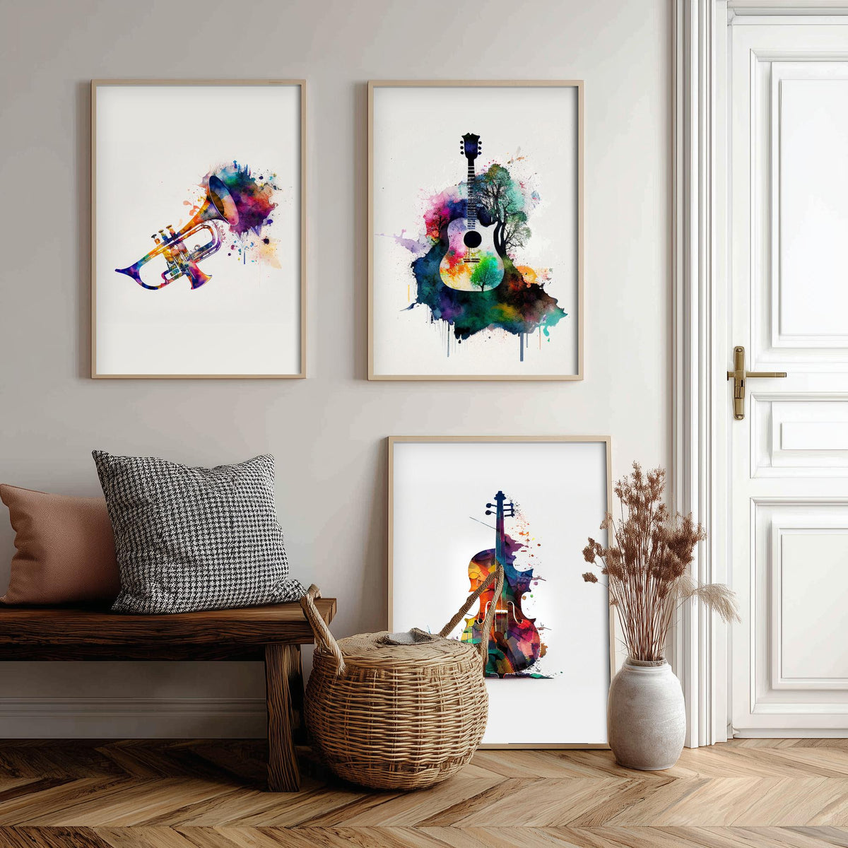 Musical Instruments Set of Three Art Prints - Trumpet, Guitar, Cello - Rainbow Watercolour Poster Painting
