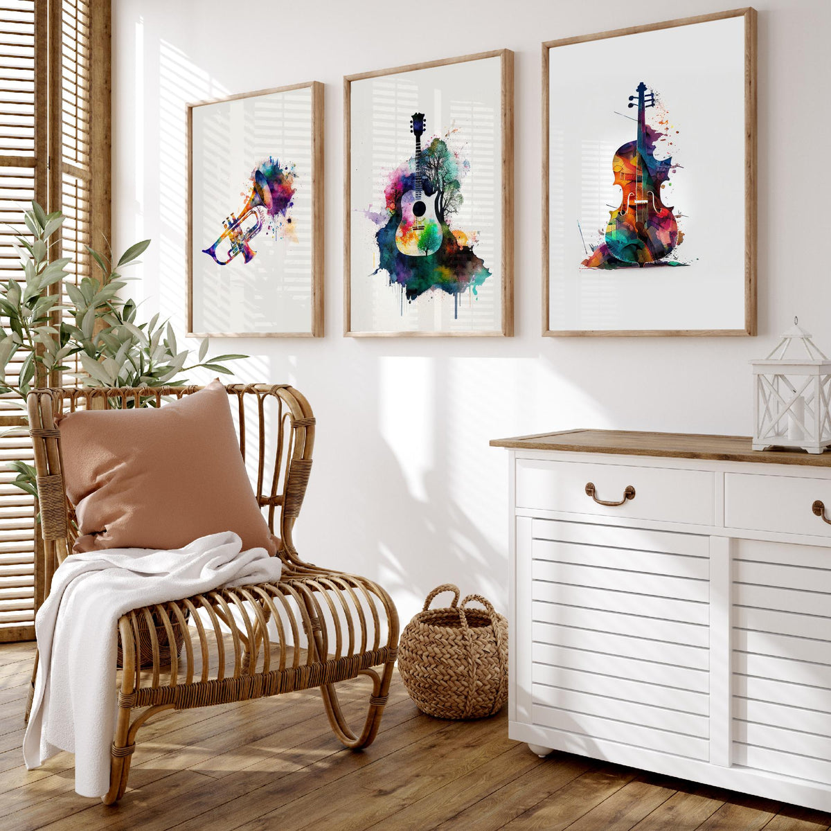 Musical Instruments Set of Three Art Prints - Trumpet, Guitar, Cello - Rainbow Watercolour Poster Painting