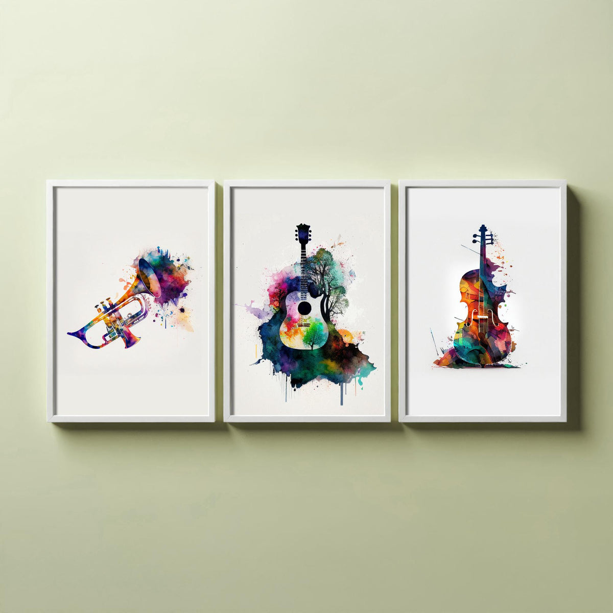Musical Instruments Set of Three Art Prints - Trumpet, Guitar, Cello - Rainbow Watercolour Poster Painting