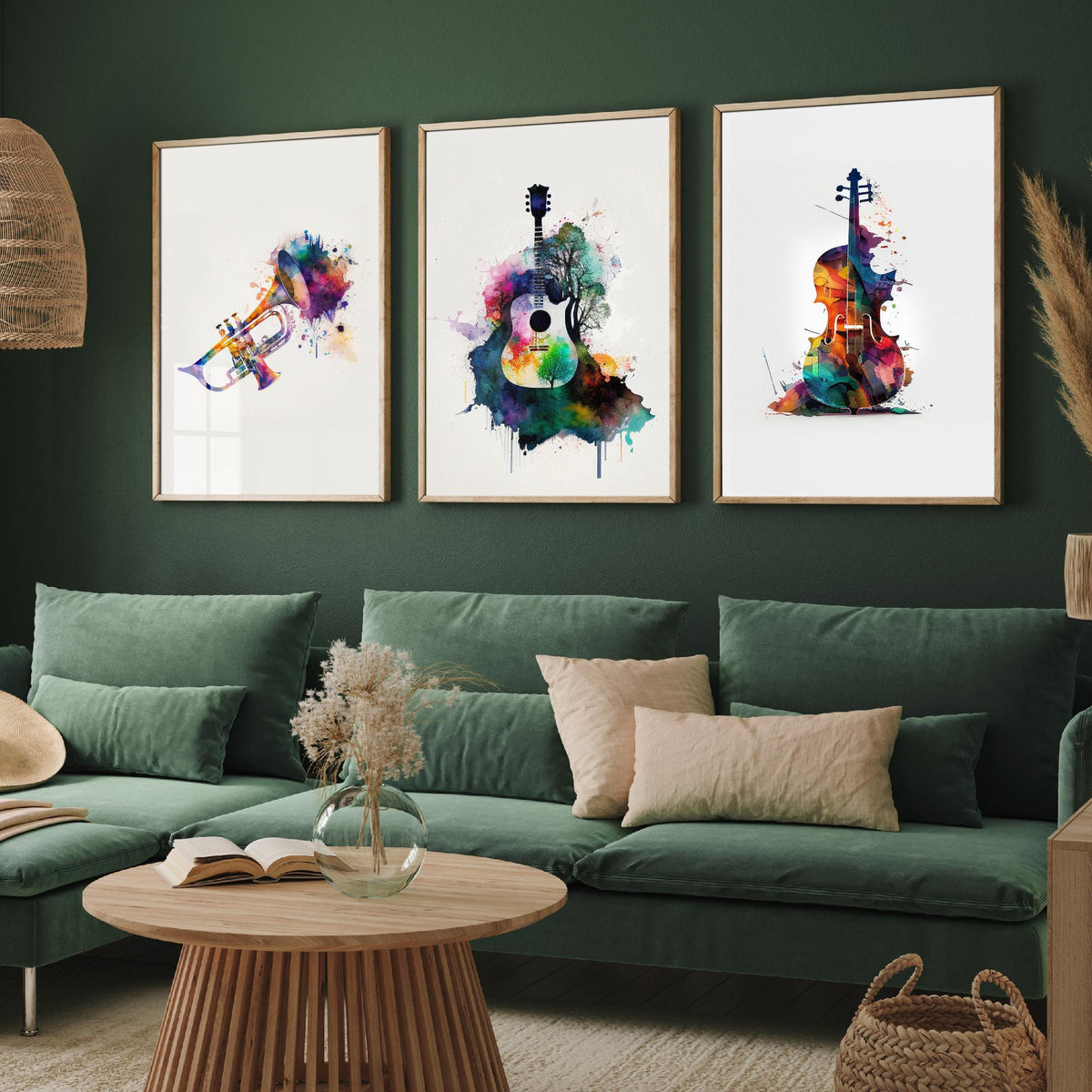 Musical Instruments Set of Three Art Prints - Trumpet, Guitar, Cello - Rainbow Watercolour Poster Painting