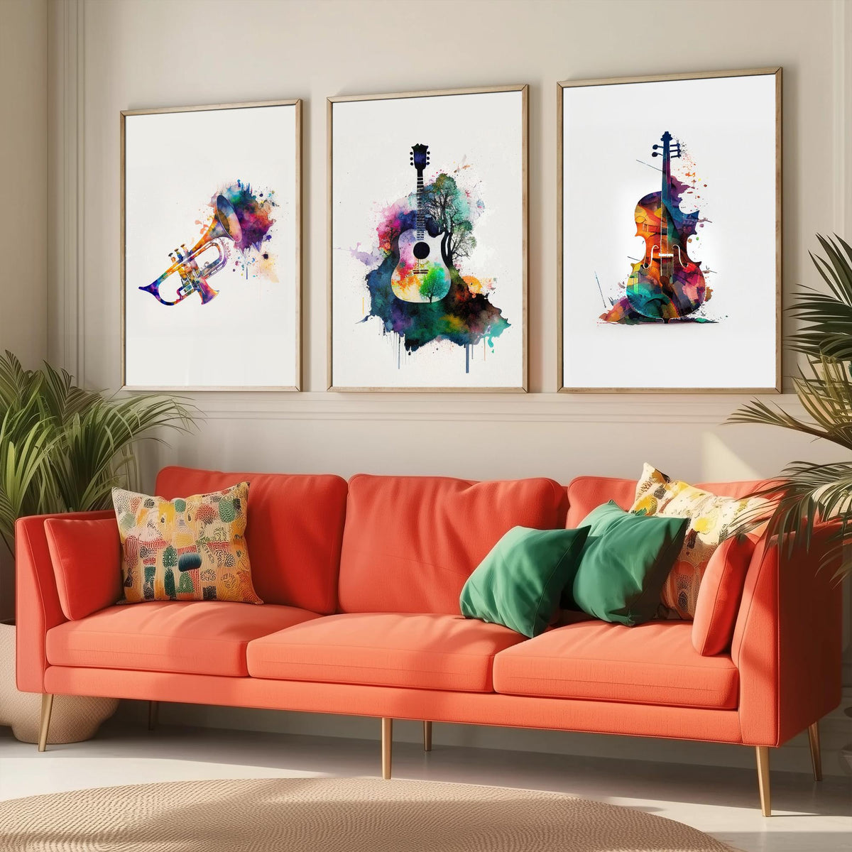 Musical Instruments Set of Three Art Prints - Trumpet, Guitar, Cello - Rainbow Watercolour Poster Painting