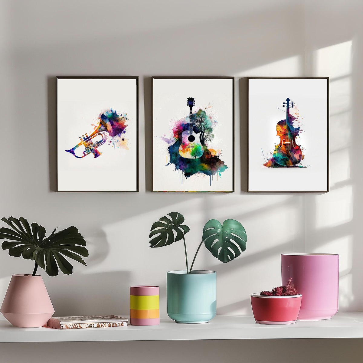 Musical Instruments Set of Three Art Prints - Trumpet, Guitar, Cello - Rainbow Watercolour Poster Painting