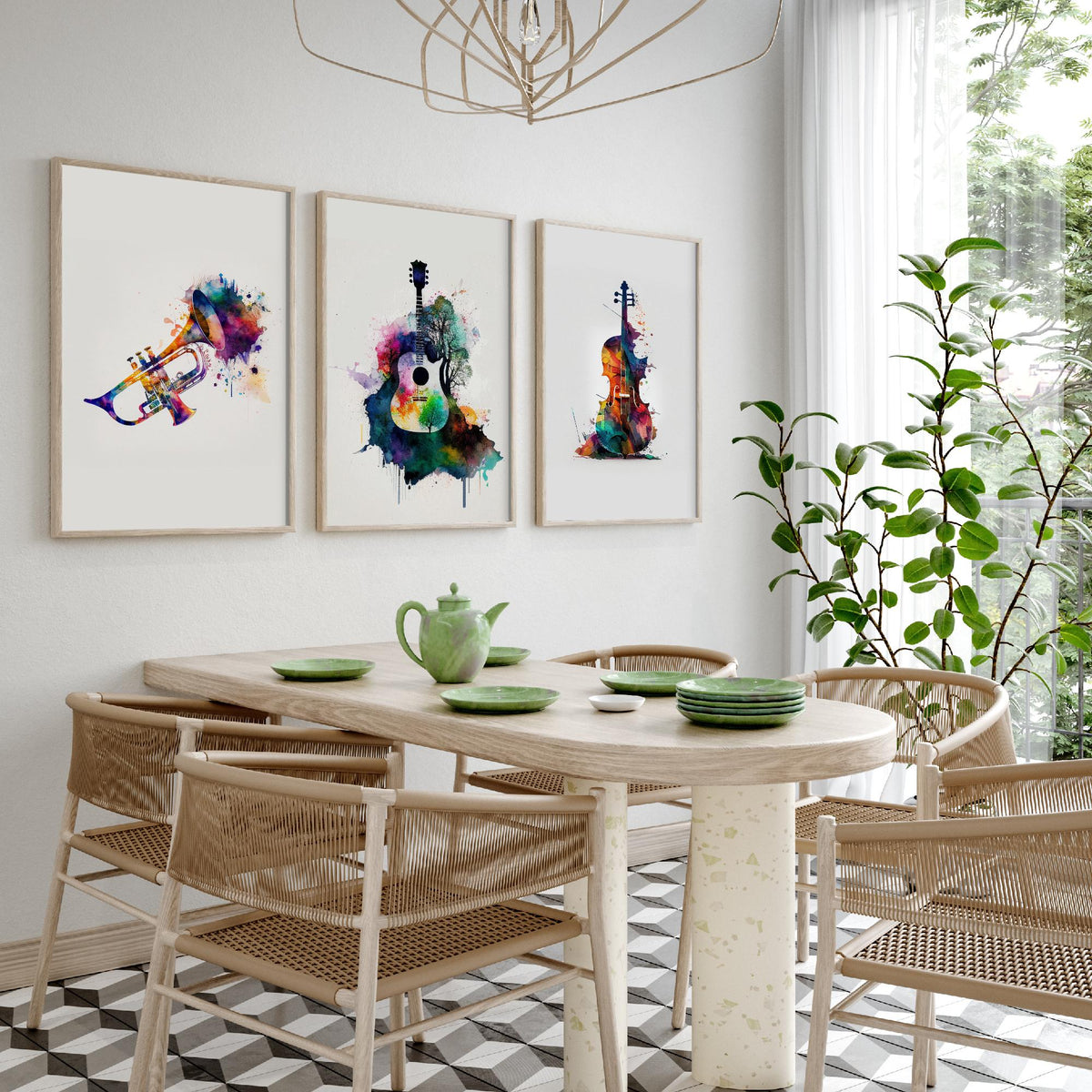 Musical Instruments Set of Three Art Prints - Trumpet, Guitar, Cello - Rainbow Watercolour Poster Painting