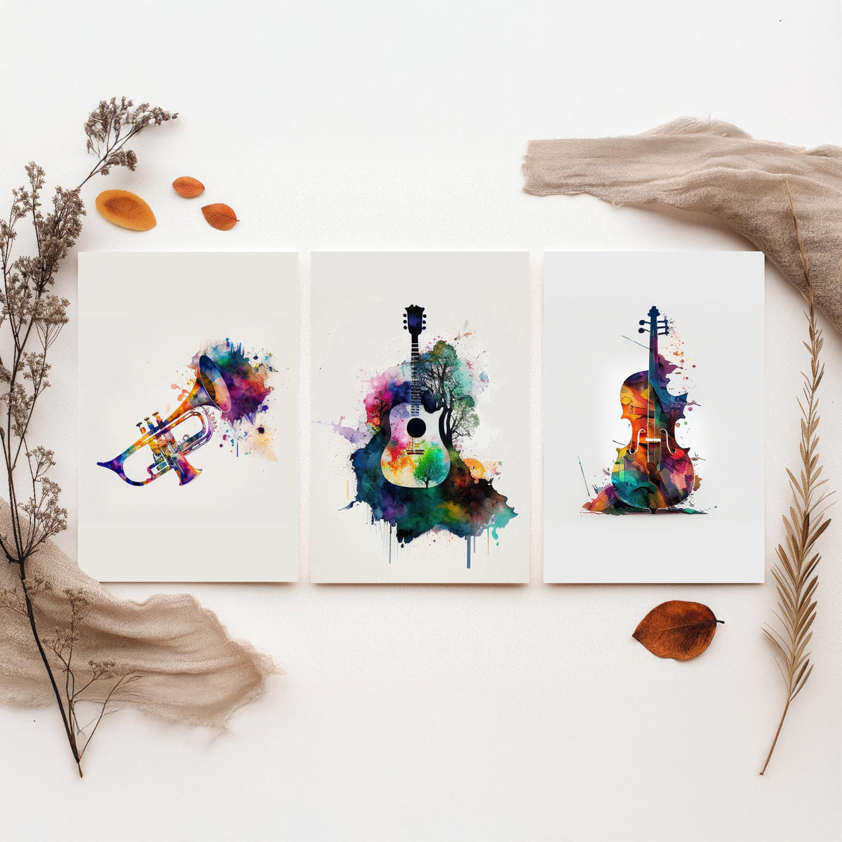 Musical Instruments Set of Three Art Prints - Trumpet, Guitar, Cello - Rainbow Watercolour Poster Painting