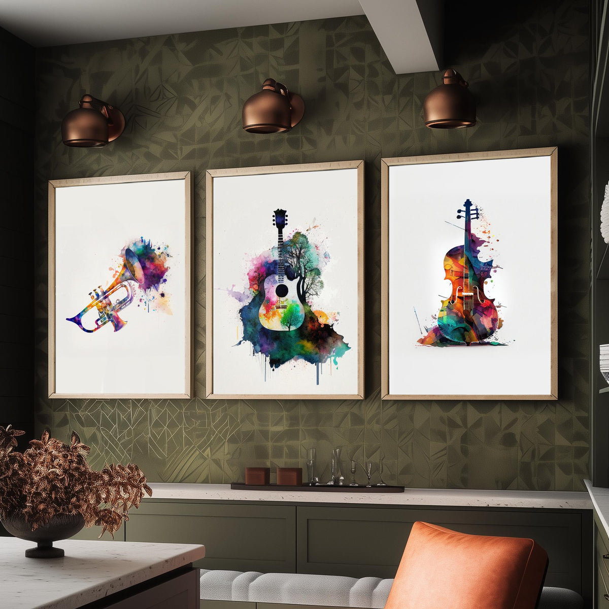 Musical Instruments Set of Three Art Prints - Trumpet, Guitar, Cello - Rainbow Watercolour Poster Painting
