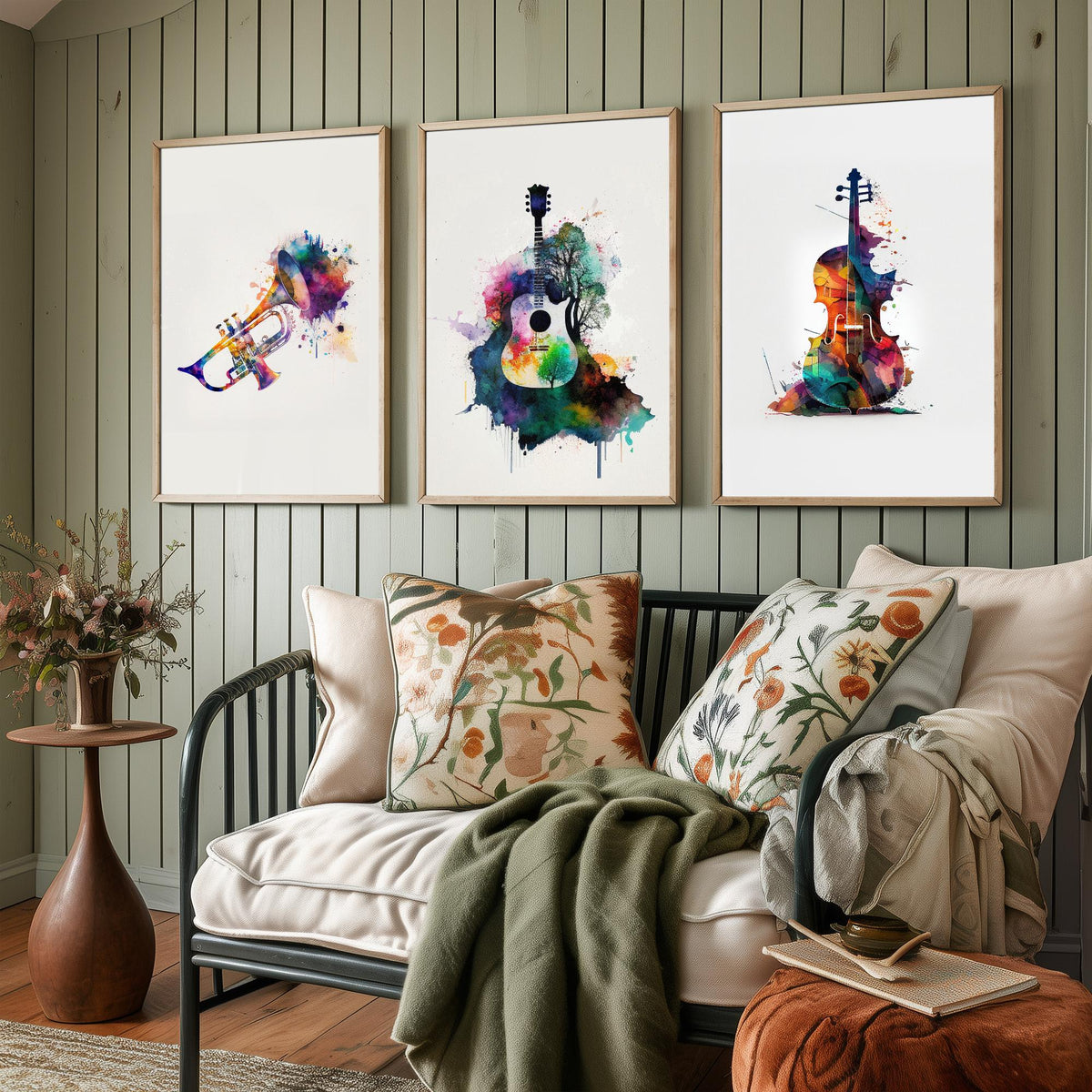 Musical Instruments Set of Three Art Prints - Trumpet, Guitar, Cello - Rainbow Watercolour Poster Painting
