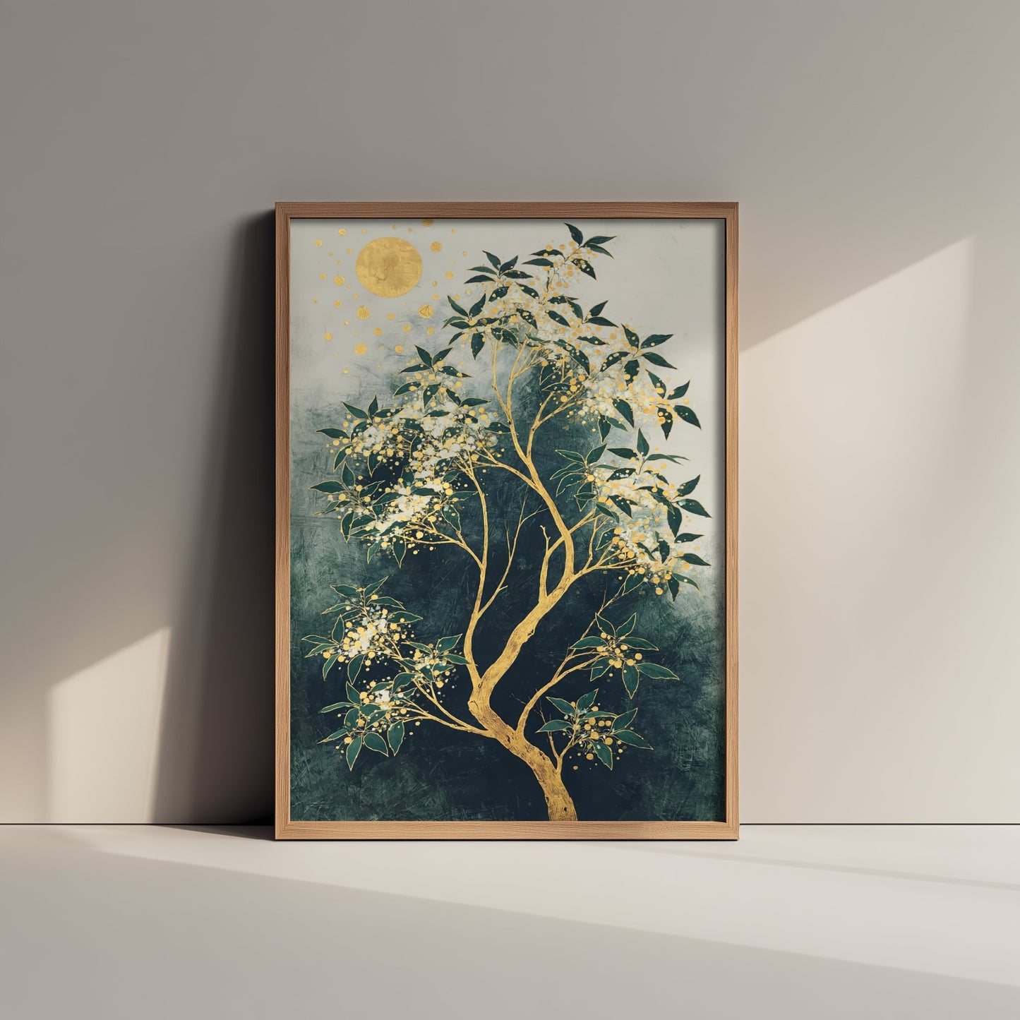 Gold Blossom Tree Art Print - Intricate Tree Poster - Green and Gold Painting - Luxe Botanical Wall Art 1/3