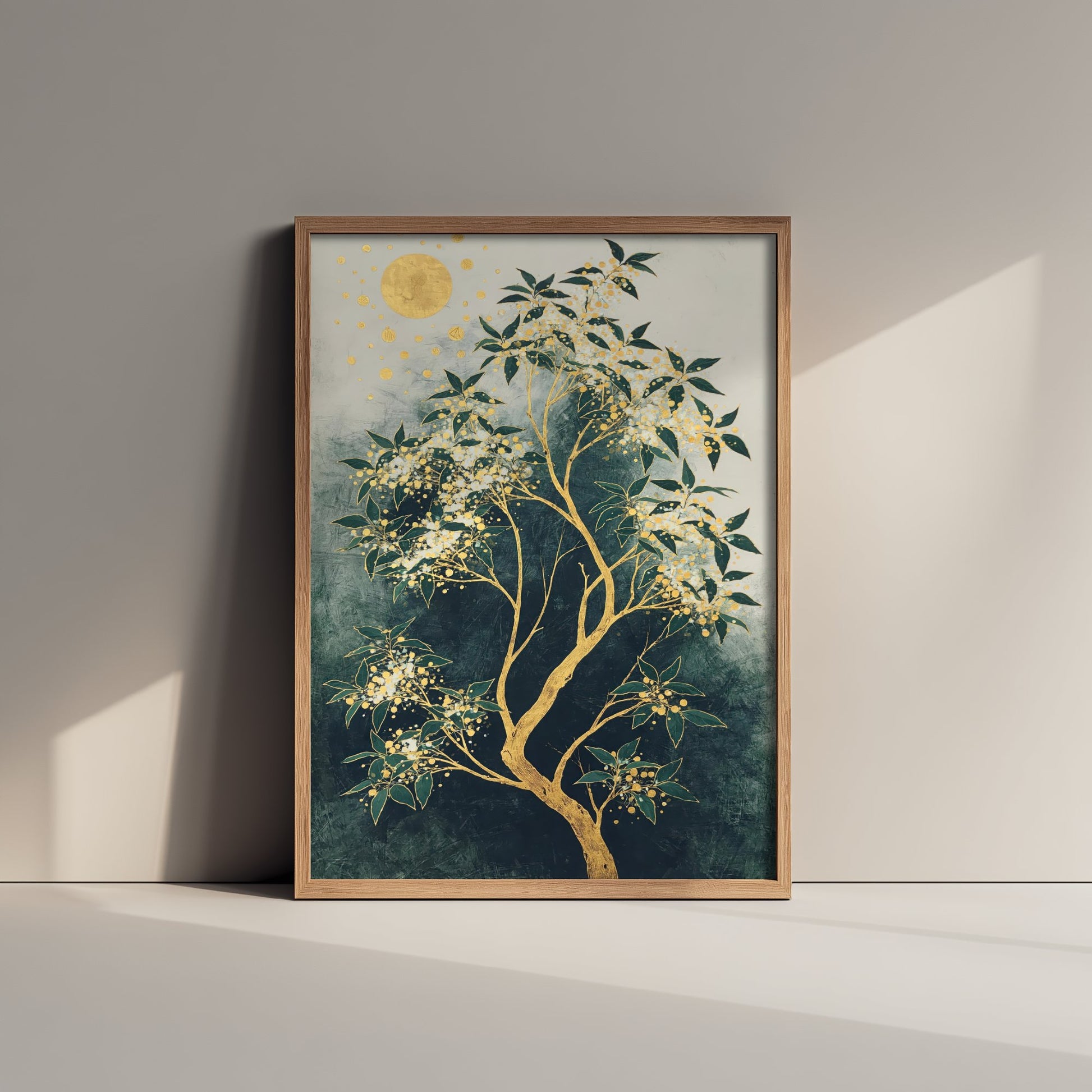 Gold Blossom Tree Art Print - Intricate Tree Poster - Green and Gold Painting - Luxe Botanical Wall Art 1/3