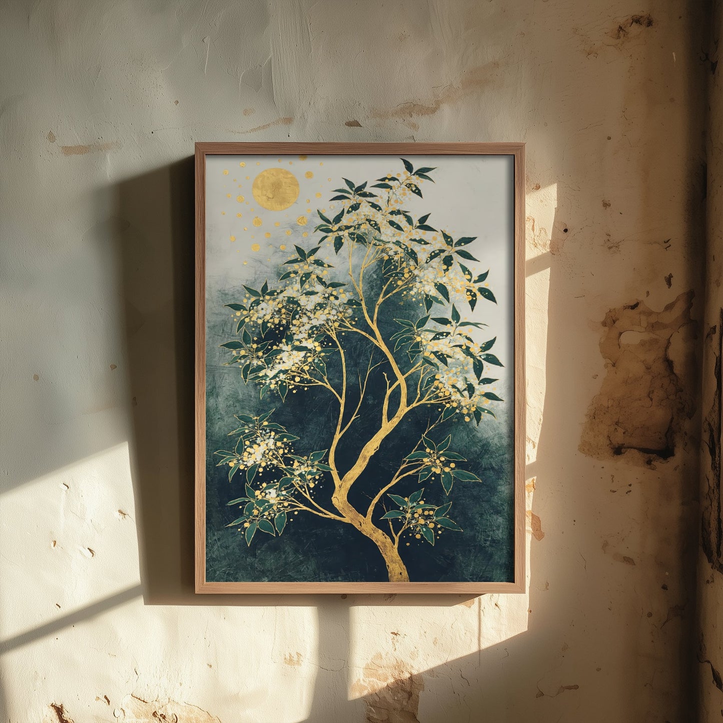 Gold Blossom Tree Art Print - Intricate Tree Poster - Green and Gold Painting - Luxe Botanical Wall Art 1/3