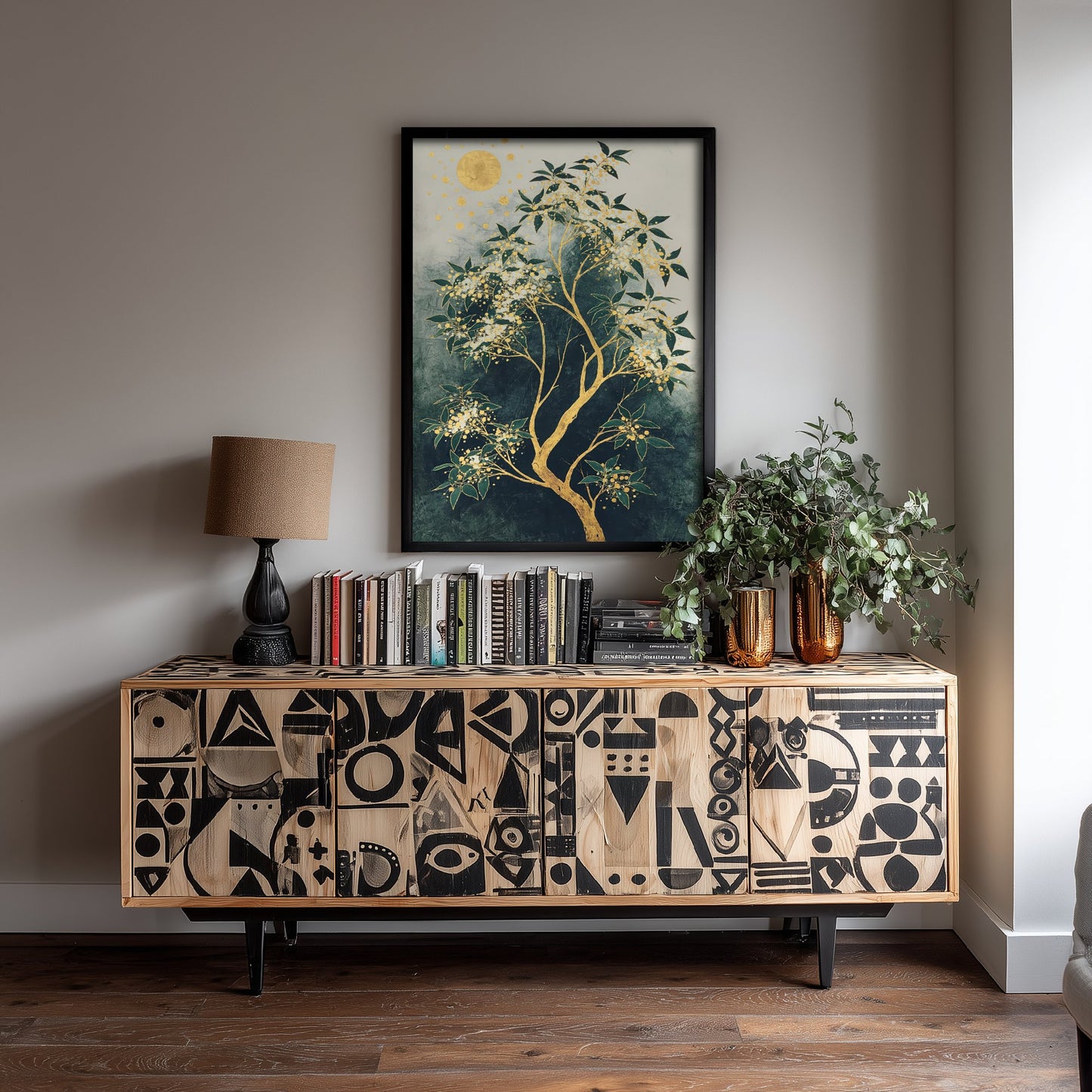Gold Blossom Tree Art Print - Intricate Tree Poster - Green and Gold Painting - Luxe Botanical Wall Art 1/3