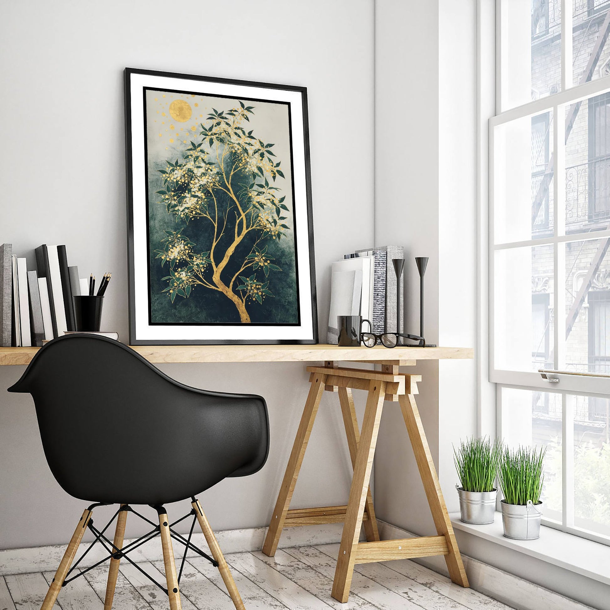 Gold Blossom Tree Art Print - Intricate Tree Poster - Green and Gold Painting - Luxe Botanical Wall Art 1/3