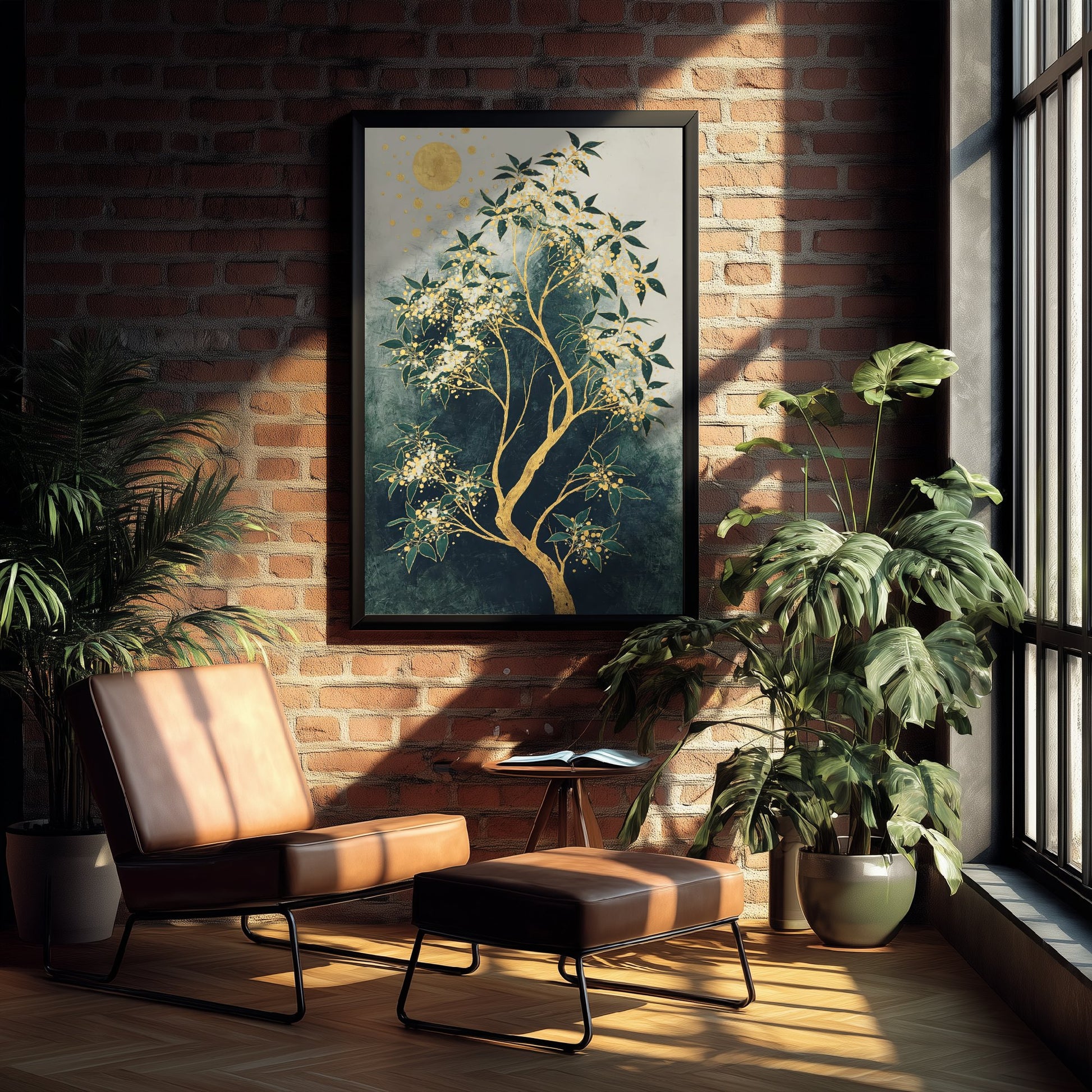 Gold Blossom Tree Art Print - Intricate Tree Poster - Green and Gold Painting - Luxe Botanical Wall Art 1/3