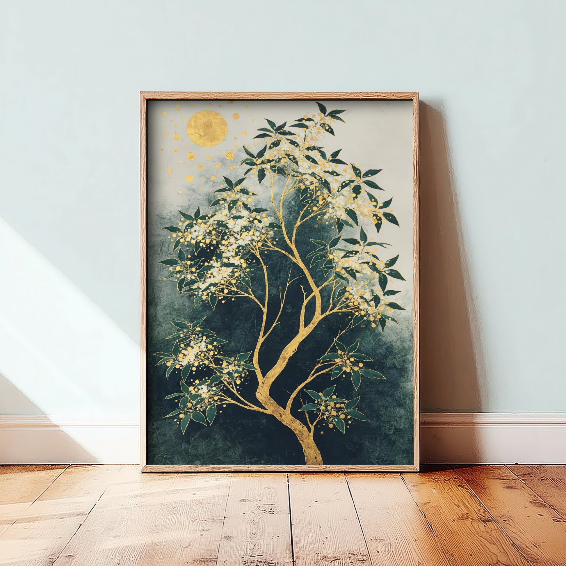 Gold Blossom Tree Art Print - Intricate Tree Poster - Green and Gold Painting - Luxe Botanical Wall Art 1/3