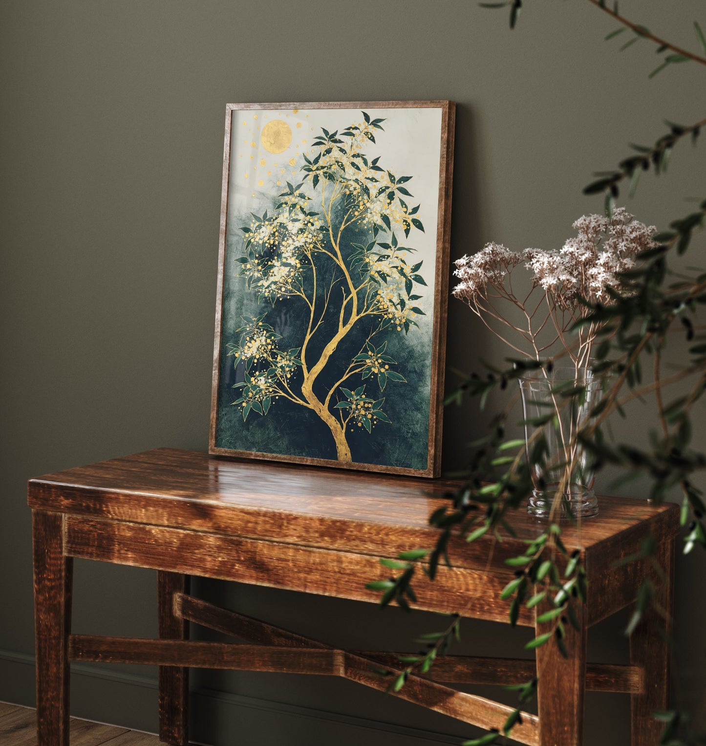 Gold Blossom Tree Art Print - Intricate Tree Poster - Green and Gold Painting - Luxe Botanical Wall Art 1/3