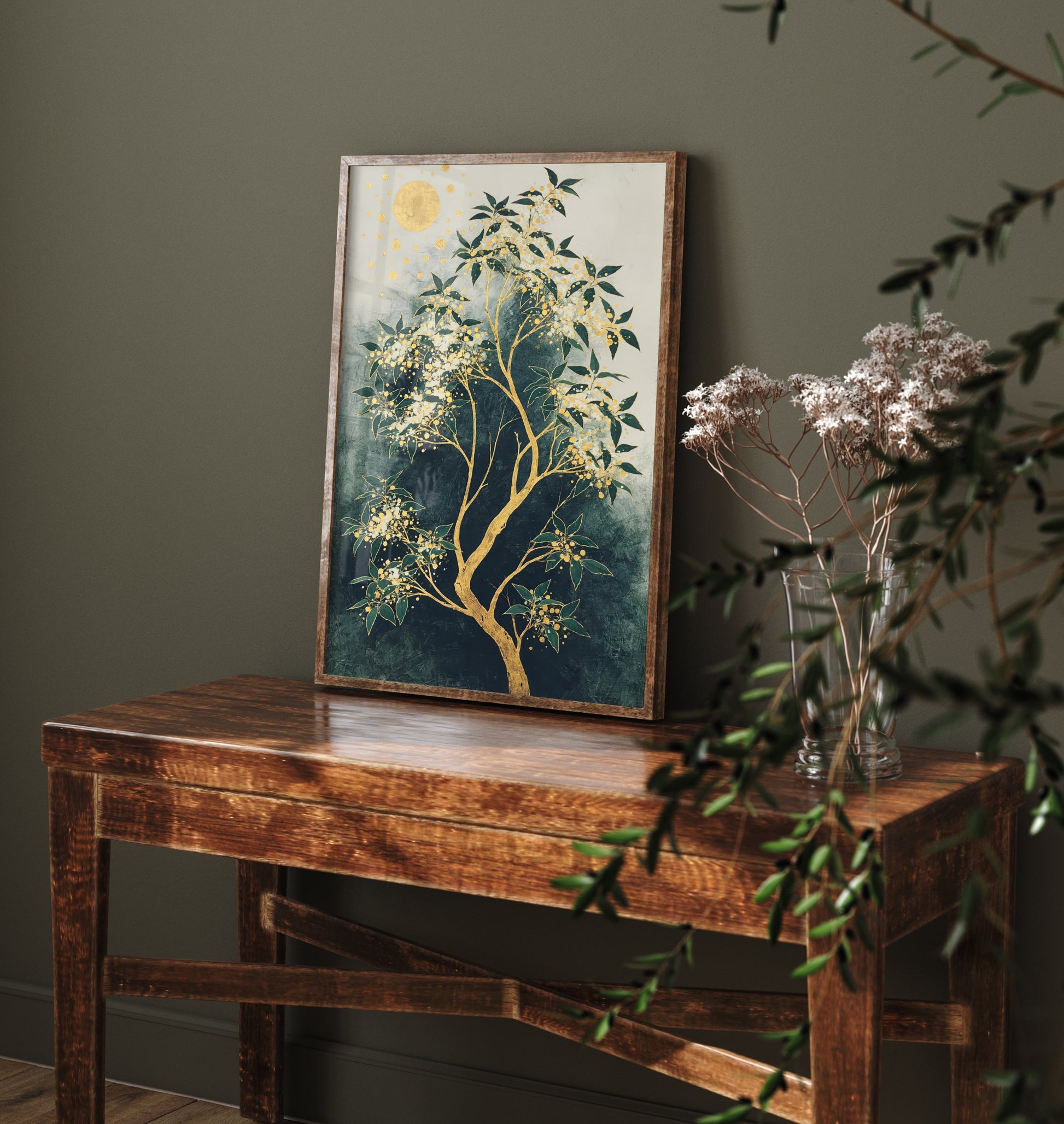 Gold Blossom Tree Art Print - Intricate Tree Poster - Green and Gold Painting - Luxe Botanical Wall Art 1/3