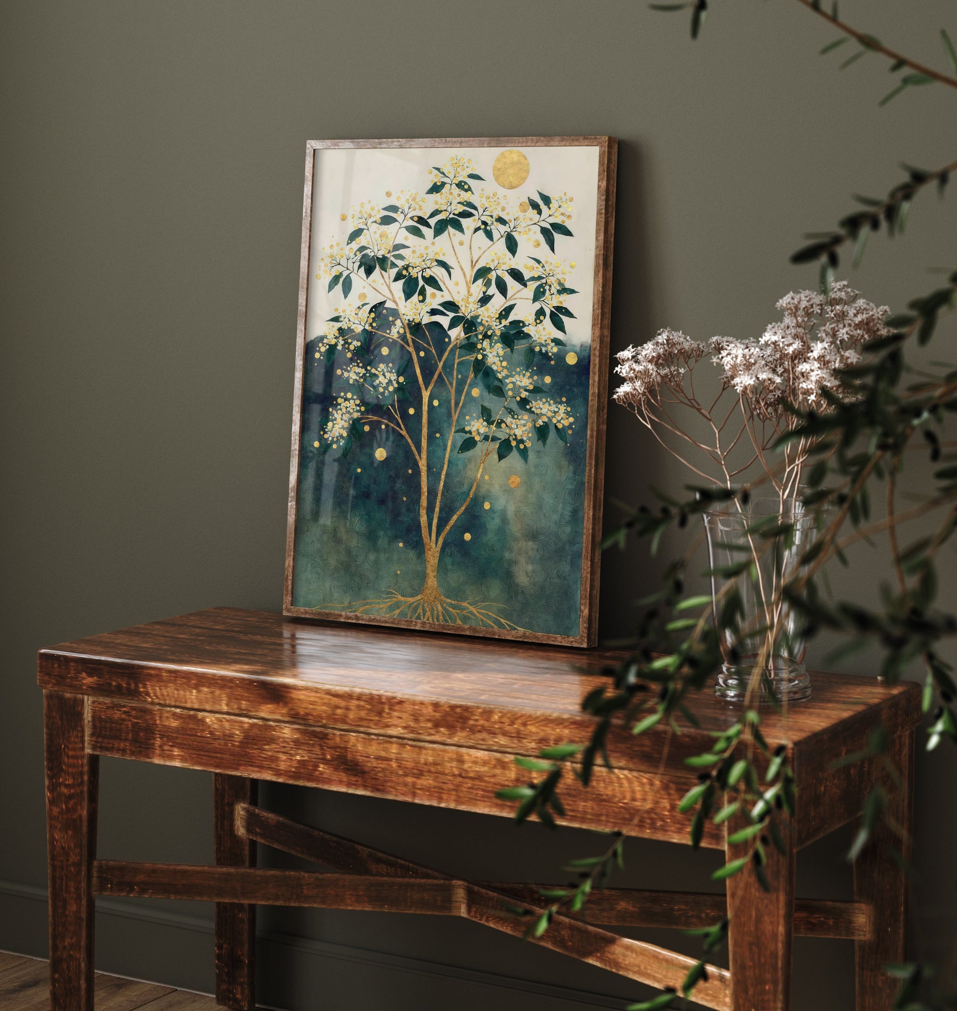 Gold Blossom Tree Art Print - Intricate Tree Poster - Green and Gold Painting - Golden Moon Tree 2/3