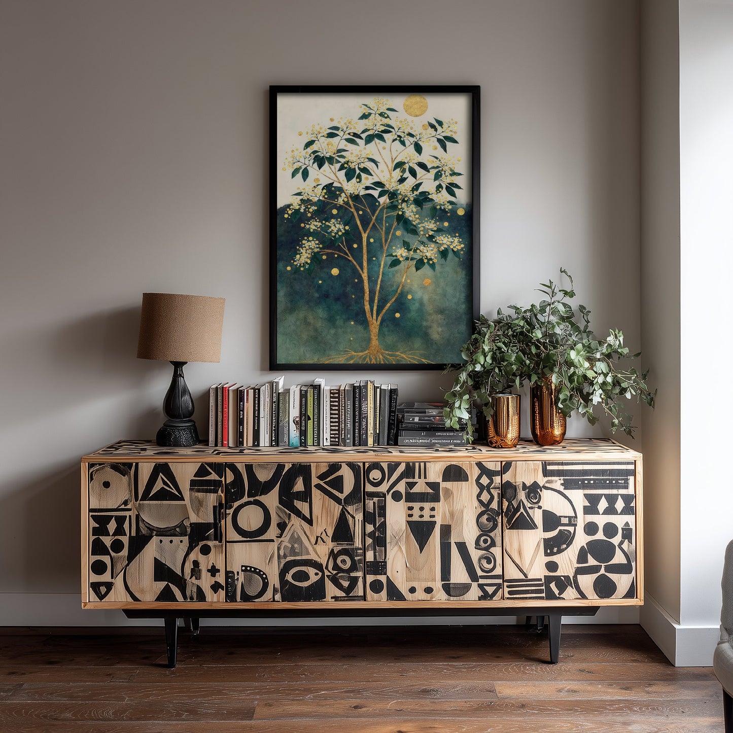 Gold Blossom Tree Art Print - Intricate Tree Poster - Green and Gold Painting - Golden Moon Tree 2/3