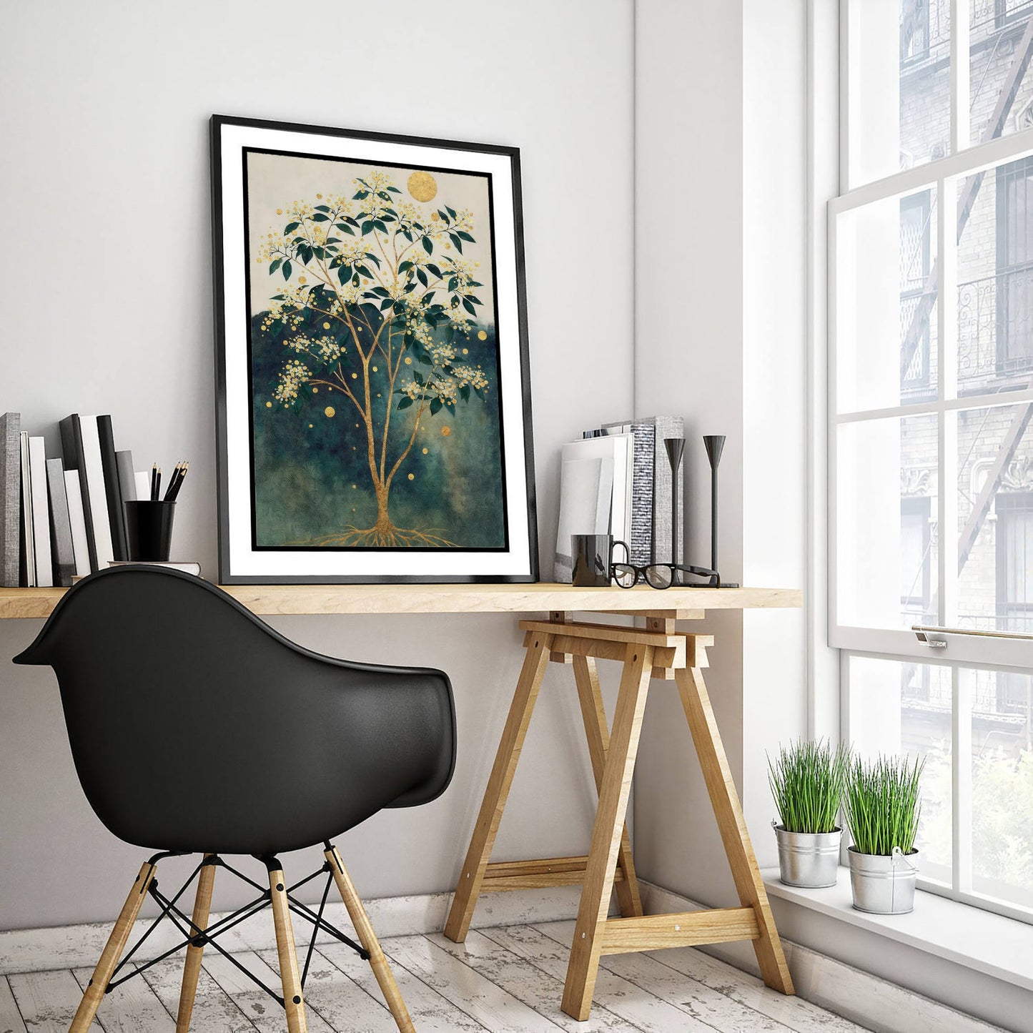 Gold Blossom Tree Art Print - Intricate Tree Poster - Green and Gold Painting - Golden Moon Tree 2/3
