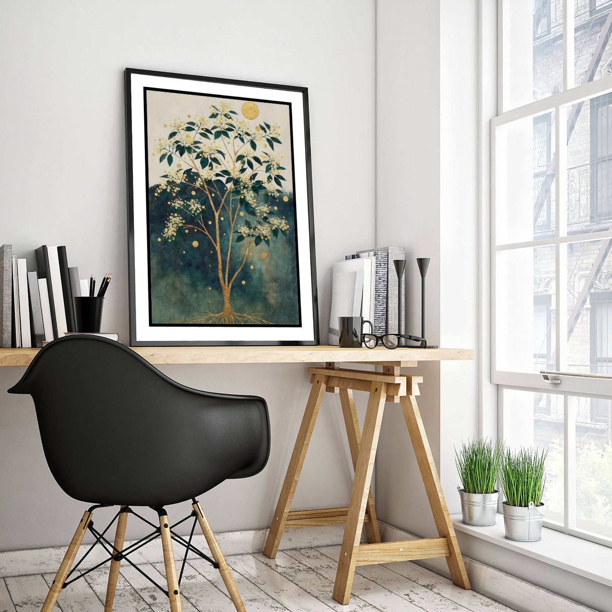 Gold Blossom Tree Art Print - Intricate Tree Poster - Green and Gold Painting - Golden Moon Tree 2/3