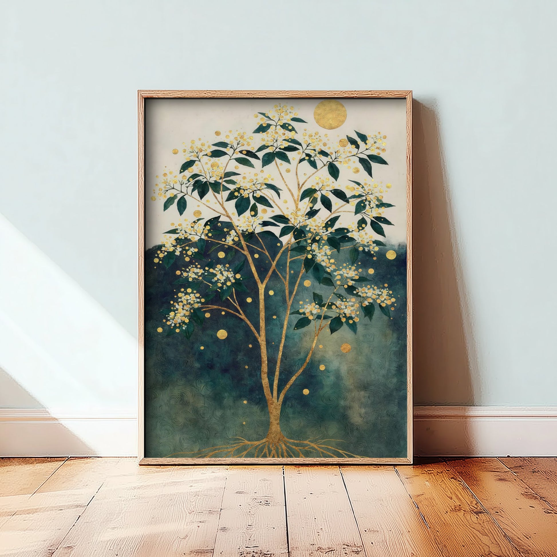 Gold Blossom Tree Art Print - Intricate Tree Poster - Green and Gold Painting - Golden Moon Tree 2/3