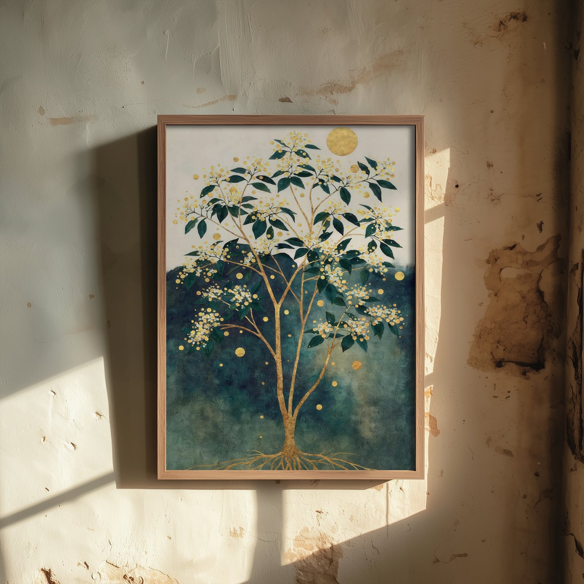 Gold Blossom Tree Art Print - Intricate Tree Poster - Green and Gold Painting - Golden Moon Tree 2/3