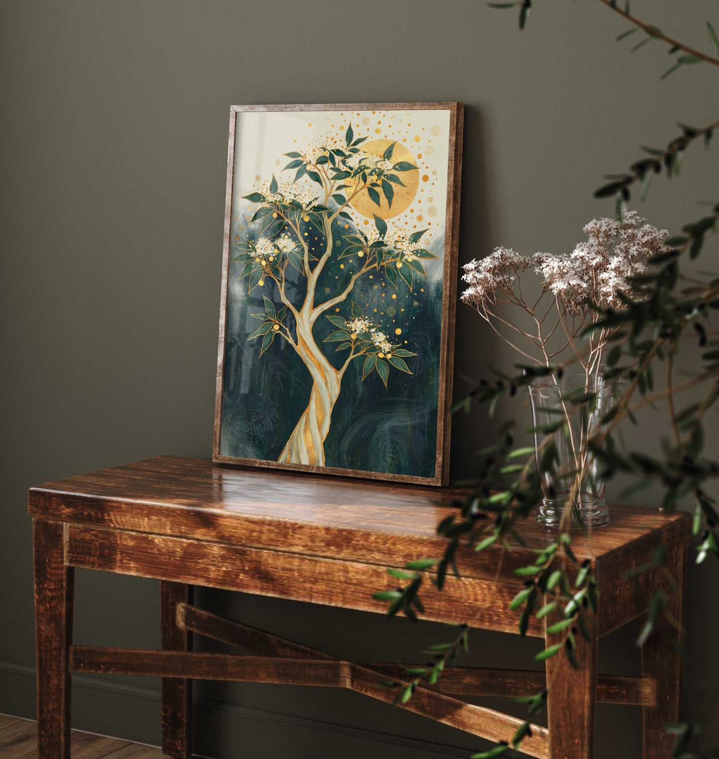 Gold Blossom Tree Art Print - Intricate Tree Poster - Green and Gold Painting - Twisted Gold Tree 3/3