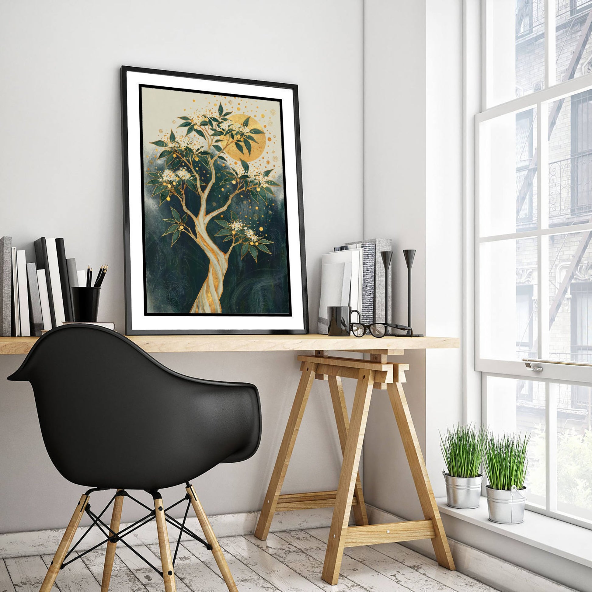 Gold Blossom Tree Art Print - Intricate Tree Poster - Green and Gold Painting - Twisted Gold Tree 3/3