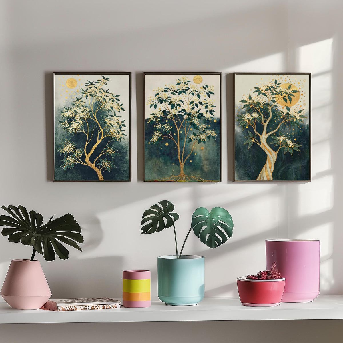 Set of Three Gold Tree Art Prints - 3 Botanical Blossom Painting Posters - Green Gold Wall Art Gift Moon Leaf Decor Luxe Nature Triptych