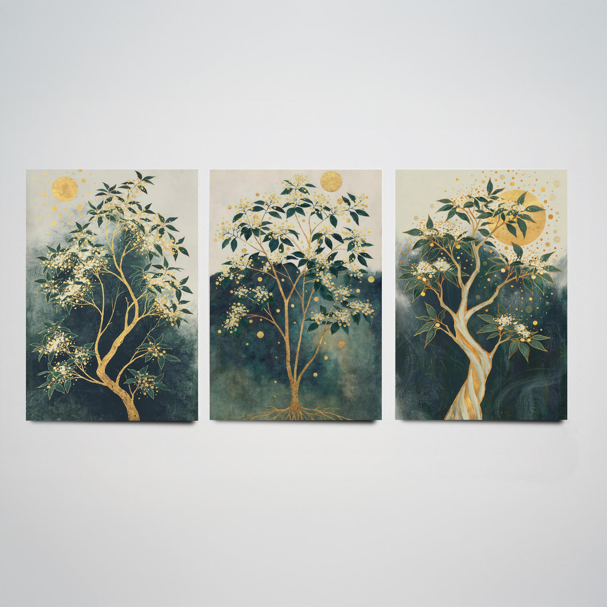 Set of Three Gold Tree Art Prints - 3 Botanical Blossom Painting Posters - Green Gold Wall Art Gift Moon Leaf Decor Luxe Nature Triptych