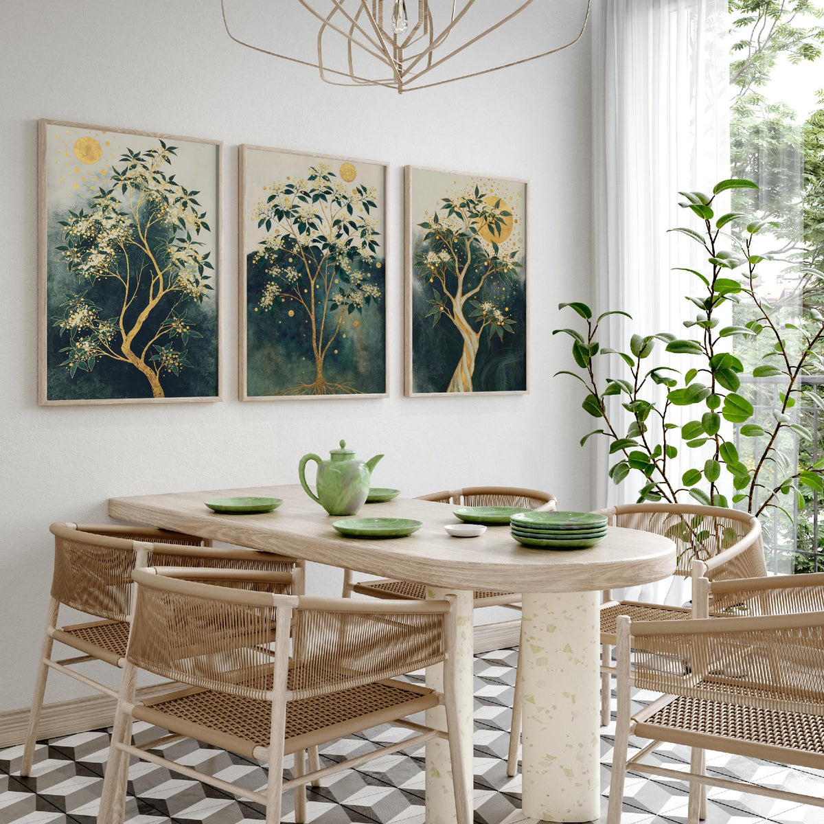 Set of Three Gold Tree Art Prints - 3 Botanical Blossom Painting Posters - Green Gold Wall Art Gift Moon Leaf Decor Luxe Nature Triptych