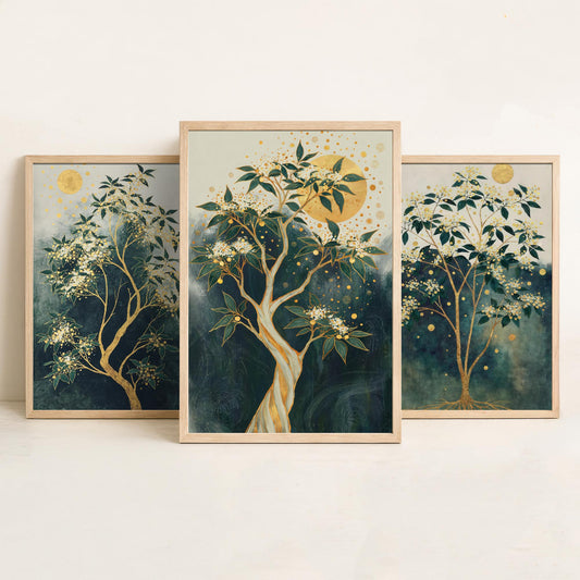 Set of Three Gold Tree Art Prints - 3 Botanical Blossom Painting Posters - Green Gold Wall Art Gift Moon Leaf Decor Luxe Nature Triptych