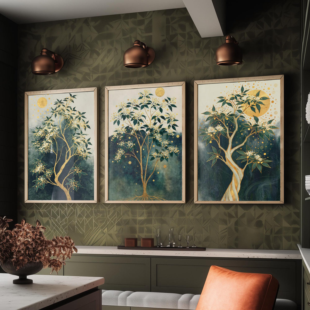 Set of Three Gold Tree Art Prints - 3 Botanical Blossom Painting Posters - Green Gold Wall Art Gift Moon Leaf Decor Luxe Nature Triptych