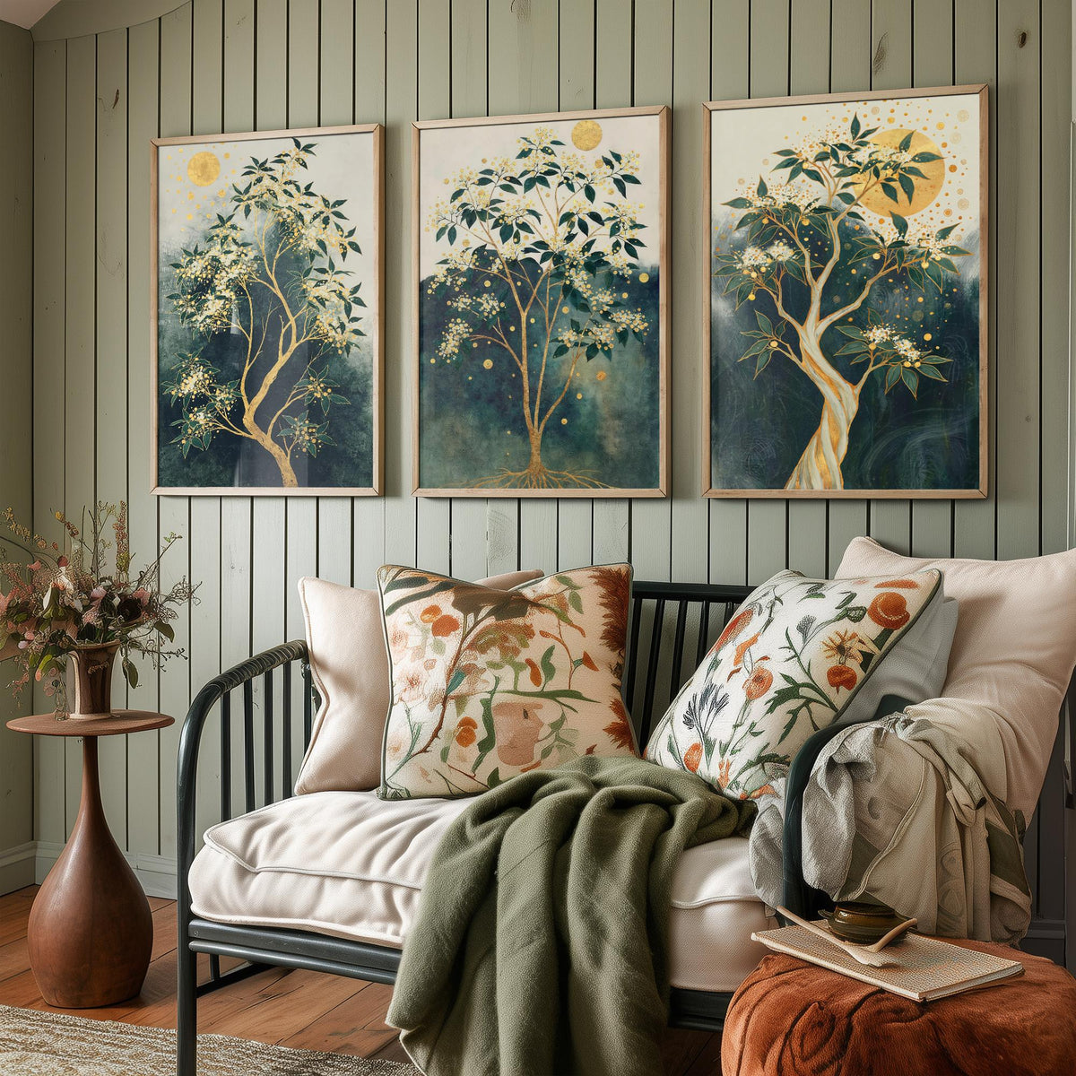 Set of Three Gold Tree Art Prints - 3 Botanical Blossom Painting Posters - Green Gold Wall Art Gift Moon Leaf Decor Luxe Nature Triptych