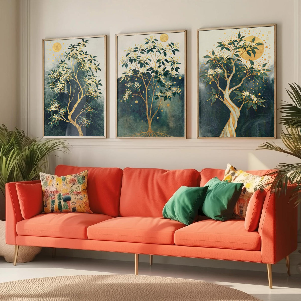 Set of Three Gold Tree Art Prints - 3 Botanical Blossom Painting Posters - Green Gold Wall Art Gift Moon Leaf Decor Luxe Nature Triptych